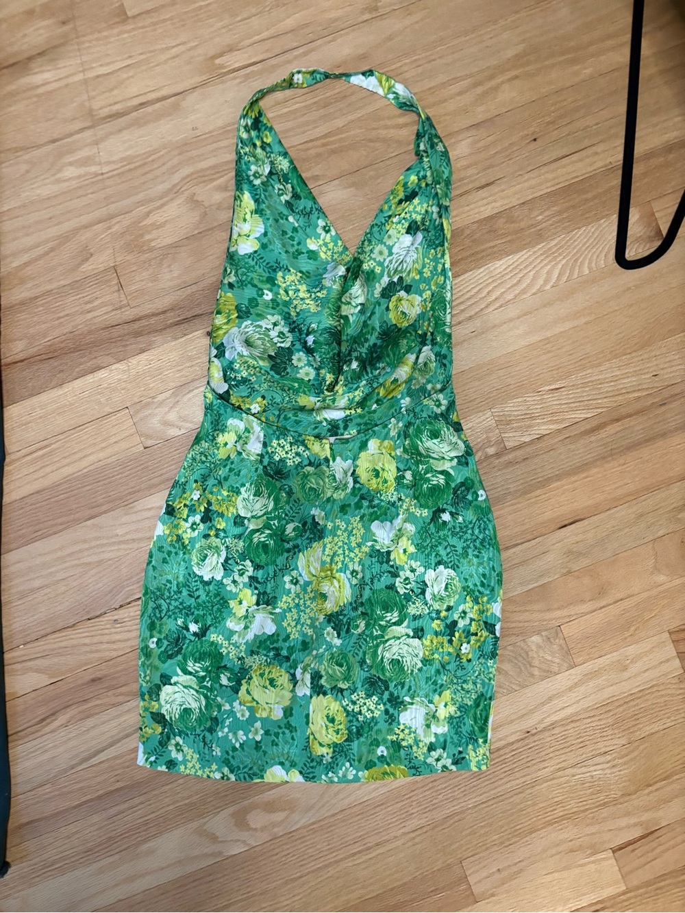 Ronny Kobo Green Floral Cowl Neck Mini Dress